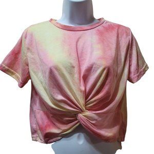 Women Size Small Twist Front Tie Dye Crop Top Short Sleeve Tew Pink Yellow